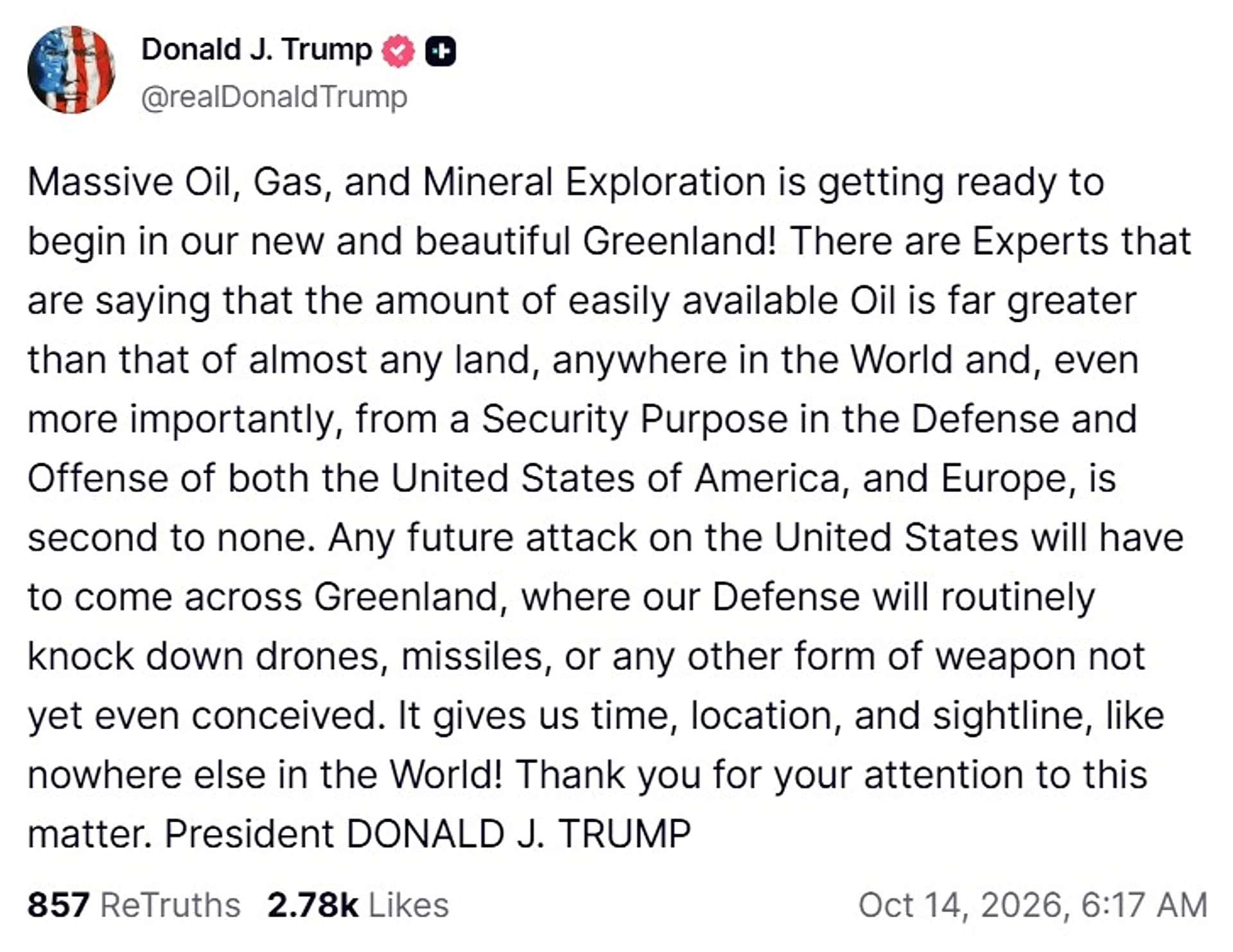 Скриншот поста в аккаунте президента США Дональда Трампа в Truth Social, 14 октября 2026 года