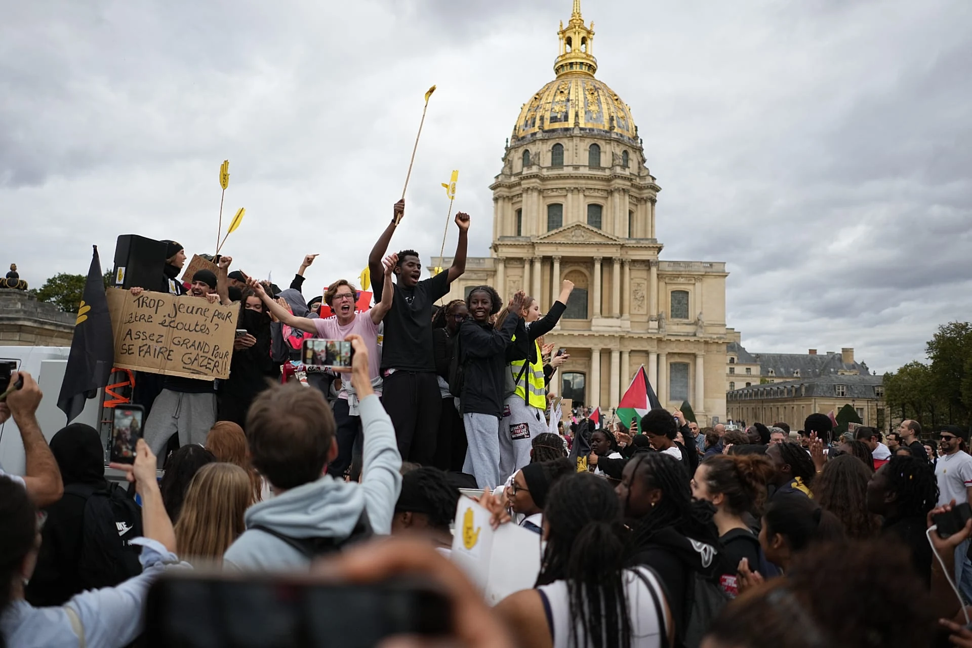 Students chant during a march to protest against under-resourced schools in Paris, Tuesday Oct. 13, 2026.