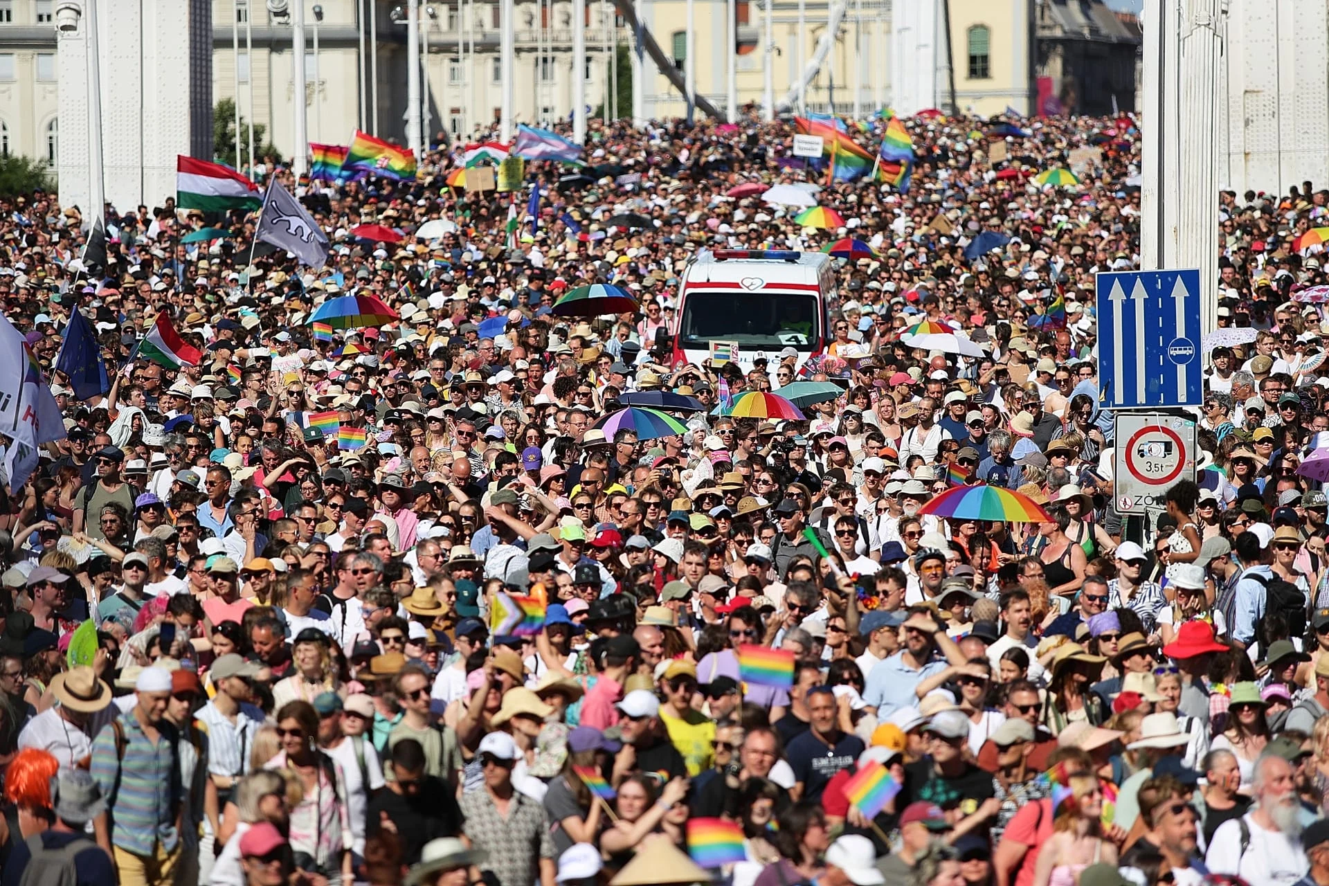 Participants in the Pride march cross the Elisabeth Bridge in Budapest, 28 June, 2025